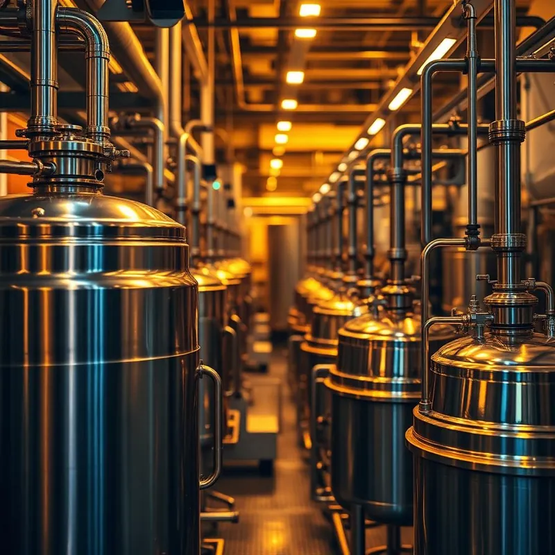 Reatores industriais da fábrica de cosméticos da MOTIVO Reatores industriais de aço inox, com tubulações, enfileirados em um corredor da fábrica de cosméticos