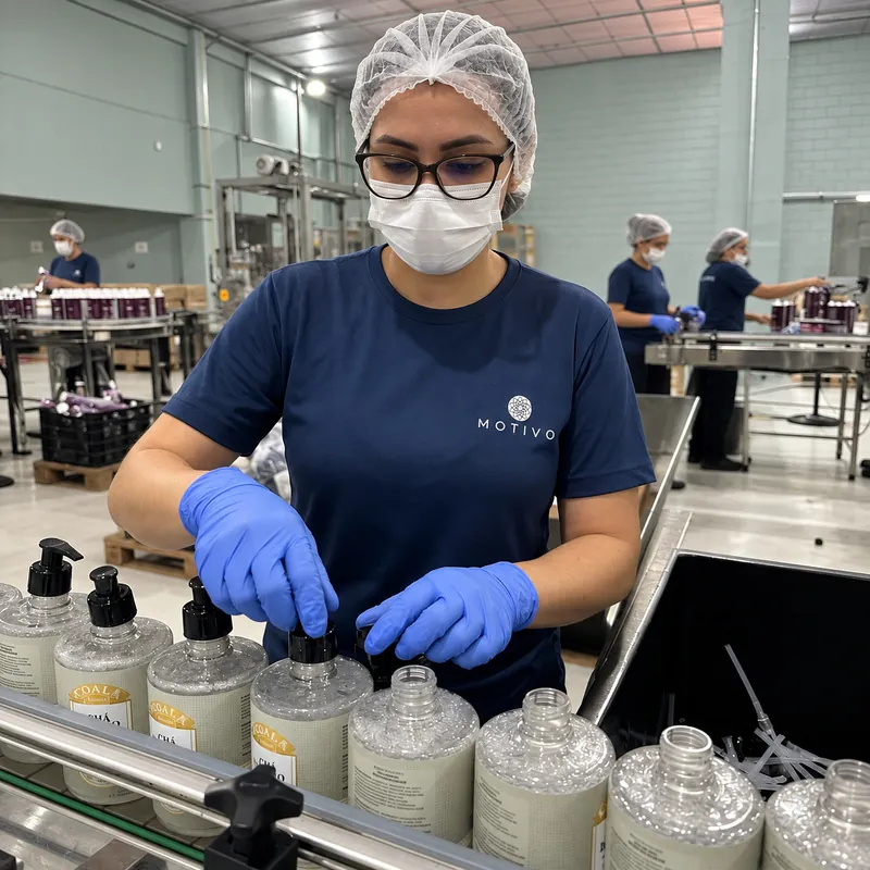 Colaboradora da MOTIVO na linha de envase de cosméticos Colaboradora da MOTIVO de touca, máscara, óculos e luvas azuis encaixa as bombas dosadoras em frascos transparentes na linha de envase, com outras colaboradoras ao fundo