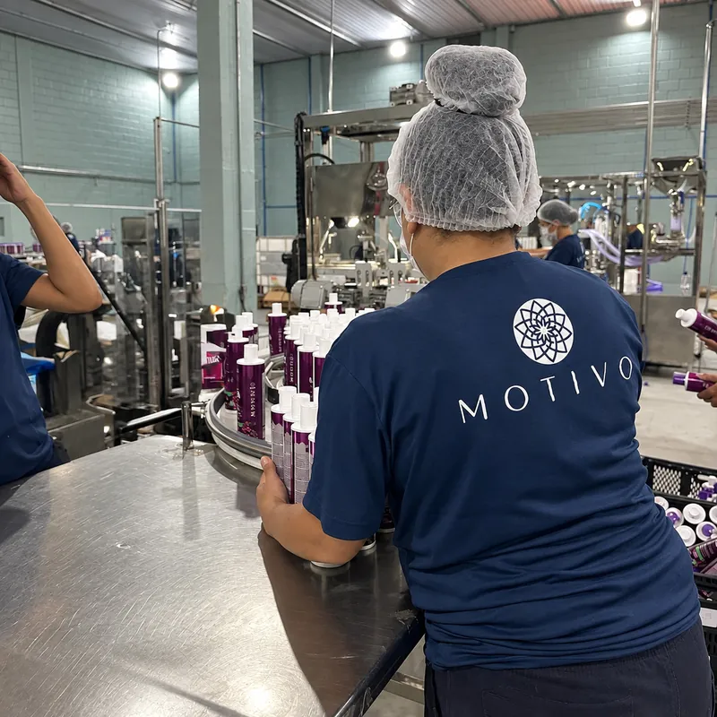 Equipe da MOTIVO acompanhando a esteira da linha de envase Colaboradora da MOTIVO, vista de costas com a camisa azul da marca, acompanha frascos roxos em uma esteira giratória da linha de envase