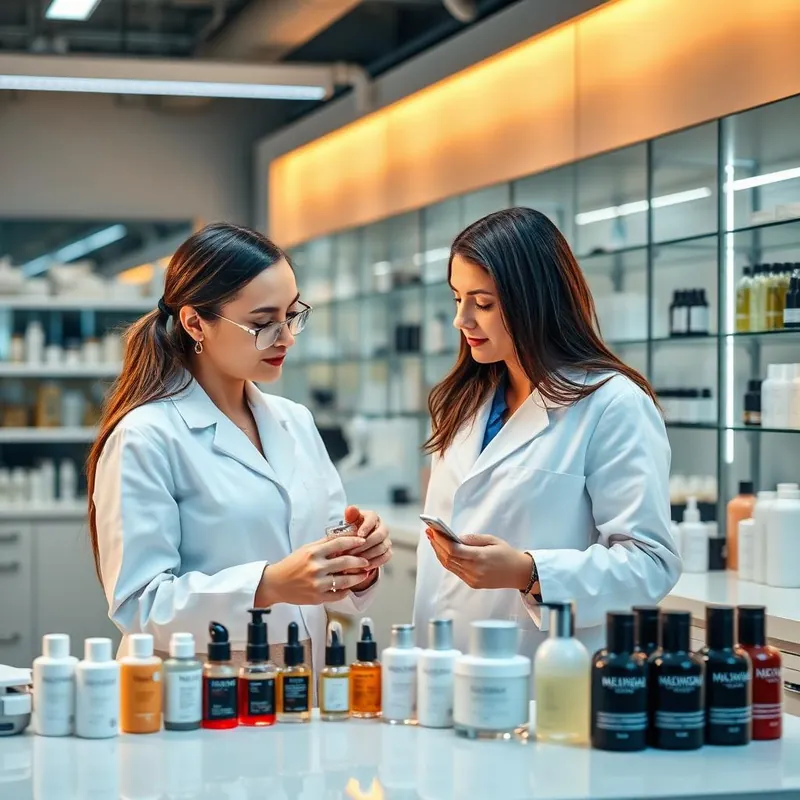 Amostras e formulações em avaliação na pesquisa e desenvolvimento da MOTIVO Bancada de laboratório com frascos de cosméticos de vários formatos e as mãos de duas pesquisadoras avaliando uma amostra